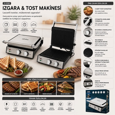 IZGARA VE TOST MAKİNESİ 4 DİLİM YAPIŞMAZ YÜZEY 2000W SSM-2598