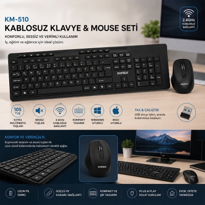 KABLOSUZ MULTİMEDİA KLAVYE - MOUSE SETİ SİYAH Q KLAVYE KM-510