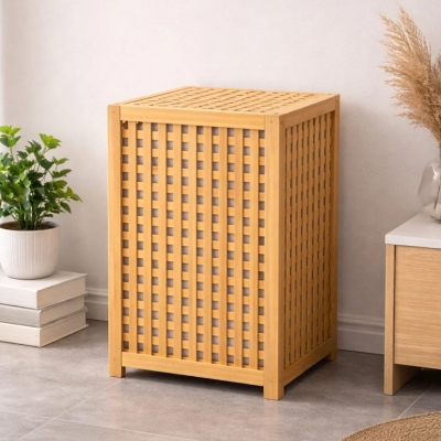 KALIN AHŞAP BAMBU KİRLİ ÇAMAŞIR SEPETİ KUMAŞ ÇANTALI SEPET=40X40X58CM