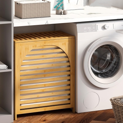KALIN AHŞAP BAMBU KİRLİ ÇAMAŞIR SEPETİ KUMAŞ ÇANTALI SEPET=43X33X67CM