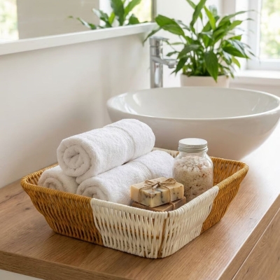 Kare Çift Renkli Plastik Rattan Ekmek ve Meyve Sepeti - Çok Amaçlı Banyo ve Mutfak Düzenleyici - Yıkanabilir Tezgâh Üstü Organizer