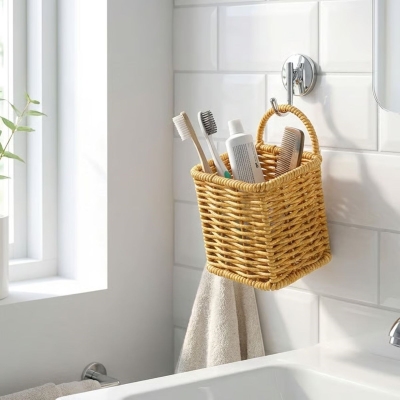 Kare Hasır Dokulu Plastik Rattan Kaşıklık &amp; Çatallık – Askılı Kendiliğinden Tutmalı Çok Amaçlı Mutfak Organizeri