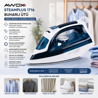 KOYU MAVİ - BEYAZ BUHARLI ÜTÜ SERAMİK TABAN - 360° HAREKETLİ KABLO - BUHAR AYARLAMA 2100W STEAMPLUS-1716