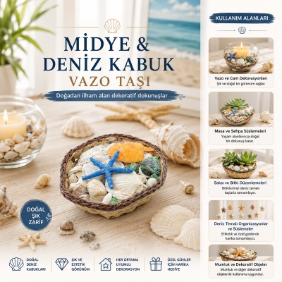 KÜÇÜK - KARE - AHŞAP SEPETLİ RENKLİ MİX MİDYE - DENİZ KABUK VAZO TAŞI