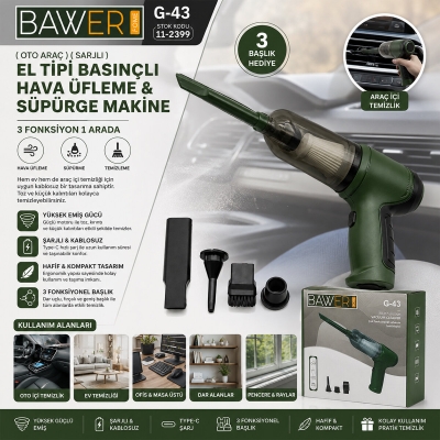 OTO ARAÇ SARJLI EL TİPİ BASINÇLI HAVA ÜFLEME - SÜPÜRGE MAKİNE 3 BAŞLIK G-43