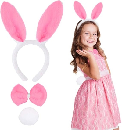 Pembe Tavşan Kostüm Seti ? Taç, Papyon, Ponpon (12?li Paket)