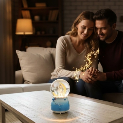 Pilli Işıklı Müzikli Kar Küresi?Hilal Ay Figürlü Romantik Masaüstü Biblo, LED Aydınlatmalı Dekoratif Hediyelik Kar Küresi