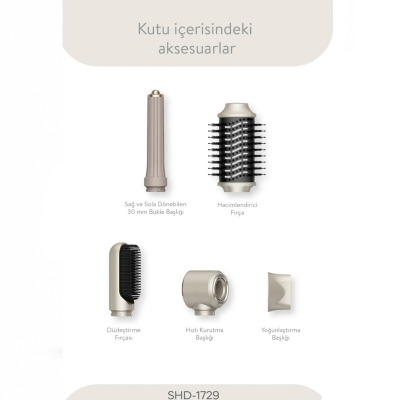 ROSE GOLD AİR BRUSH 5İN1=BUKLE-HACİMLE-DÜZLEŞTİR-2-FIRÇA SAÇ KURUTMA - ŞEKİL MAKİNESİ 1300W3-KDM.HIZ - DERECE SHD-1729