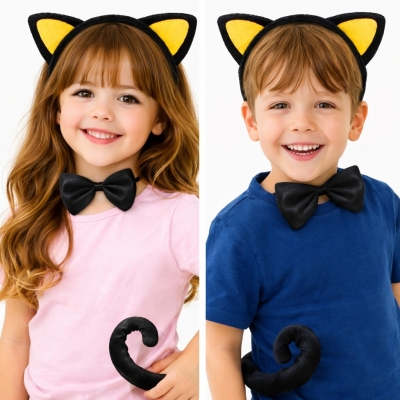 Sarı Kulaklı Kedi Kostüm Seti ? Taç Papyon Kuyruk 3 Parça