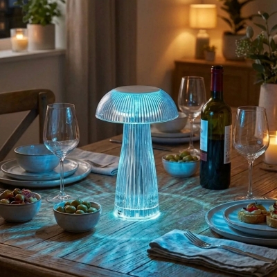 Şeffaf Mantar Model LED Masa Lambası –Kumandalı Şarjlı, Dokunmatik, Rengarek Işık Modlu Dekoratif Gece Lambası