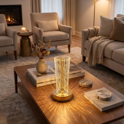 Silindirik Kristal Nokta Model LED Masa Lambası – Gold Tabanlı, Dokunmatik, 3 Renk Işık Modlu, Şarjlı Modern Dekoratif Gece Lambası