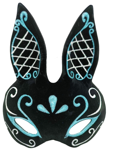 Siyah Renk Mavi Beyaz Simli Siyah Süet Kaplama Tavşan Maskesi 18x16 cm