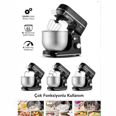 SİYAH STANDLI MİKSER ÇIRPICI - HAMUR YOĞURUCU - KARIŞTIRICI 8 KADEME HIZ AYAR 6L ÇELİK HAZNE 1300W SMX-2769