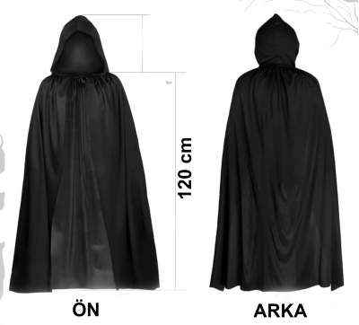 Siyah Uzun Pelerin 120 cm Kapüşonlu – Cosplay ve Parti Kostümü