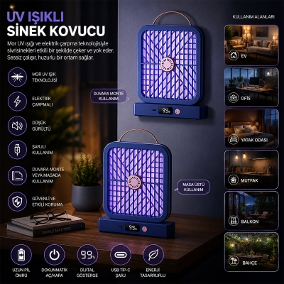USB ŞARJLI - ELEKTRİK ÇARPMALI - DİJİTAL EKRAN ASMA APARAT - SESSİZ ÇALIŞMA UV IŞIKLI SİNEK KOVUCU HS-371