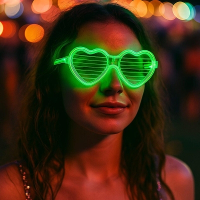 Yeşil LED Işıklı Kalp Gözlük – 3 Modlu Parti - Glow Gözlüğü