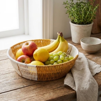 Yuvarlak Çift Renkli Plastik Rattan Ekmek ve Meyve Sepeti - Çok Amaçlı Banyo ve Mutfak Düzenleyici - Yıkanabilir Tezgâh Üstü Organizer