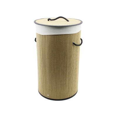 YUVARLAK HASIR - AHŞAP KİRLİ ÇAMAŞIR SEPETİ 37X60CM SEYYAR KAPAKLI İÇİ BEZLİ İP KULPLU