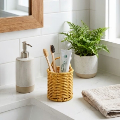 Yuvarlak Hasır Dokulu Plastik Rattan Kaşıklık &amp; Çatallık – Askılı Kendiliğinden Tutmalı Çok Amaçlı Mutfak Organizeri