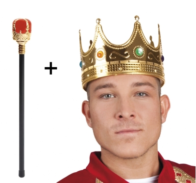 Altın Renk 60 cm Kral Tacı Kraliyet Tacı ve Kırmızı Topuzlu Kral Asası Seti