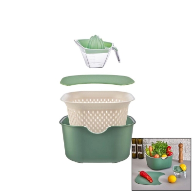 YEŞİL 5PCS MUTFAK SETİ PLS.KARIŞTIRMA KAP=4LT - SÜZGEÇ=3.5LT - KESİM PANO - SIKACAK=0.25LT